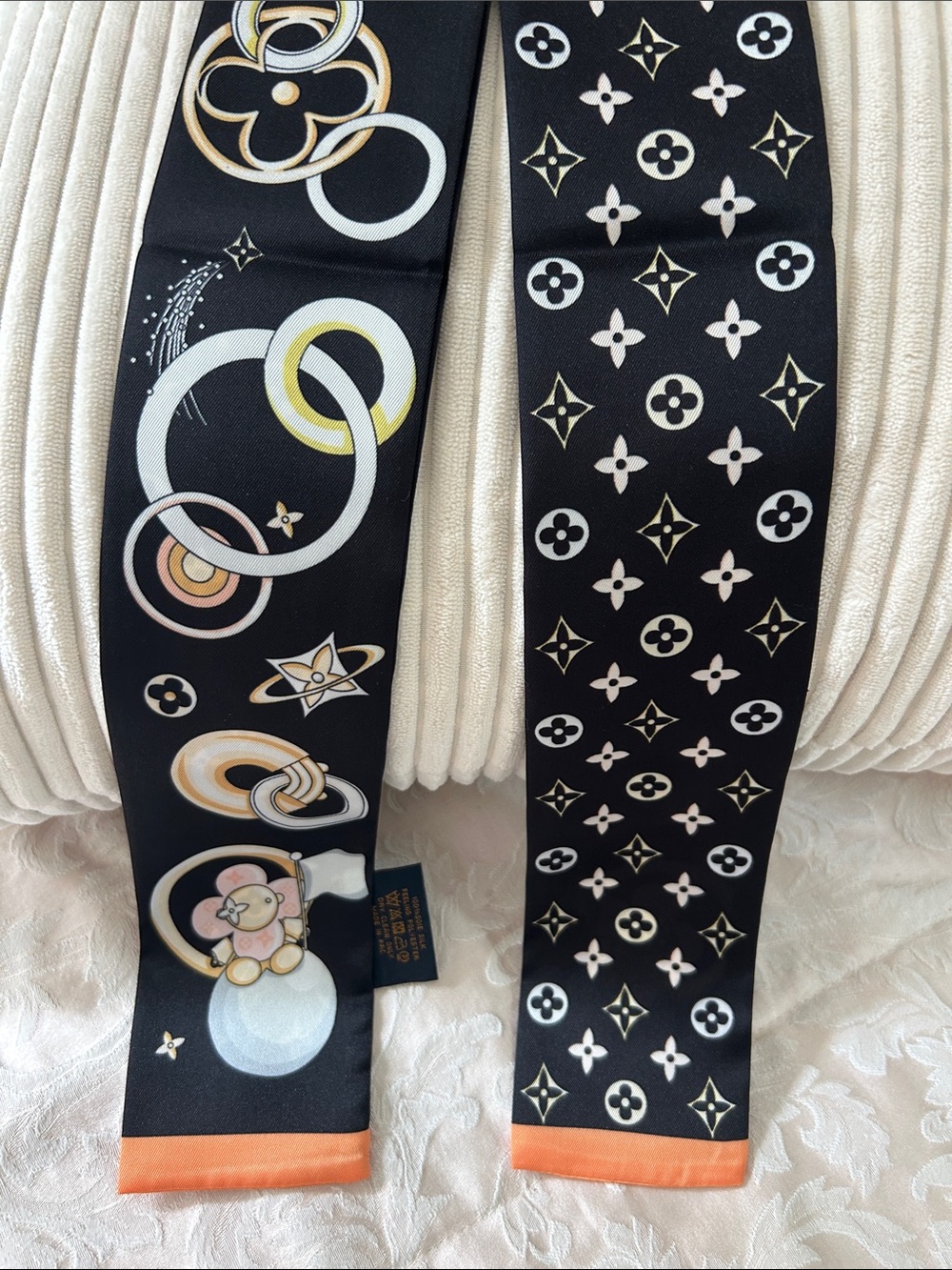 Black Silk Feeling Polyester Double Sided Scarf or Twilly with Monogram Motif. - Picture 3 of 3